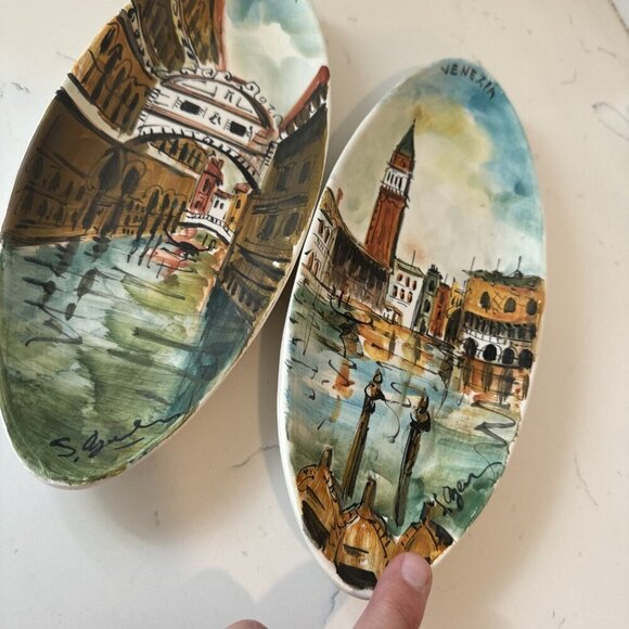Venice Grand Canal- 2 Hand Painted Rolled Ceramic Slab Wall Hangings, Signed - Picture 3 of 16
